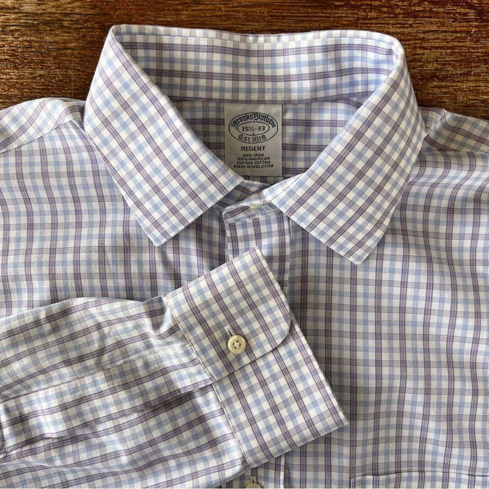 Brooks Brothers Regent Long Sleeve Button Dress Shirt White Purple Blue 15.5-33